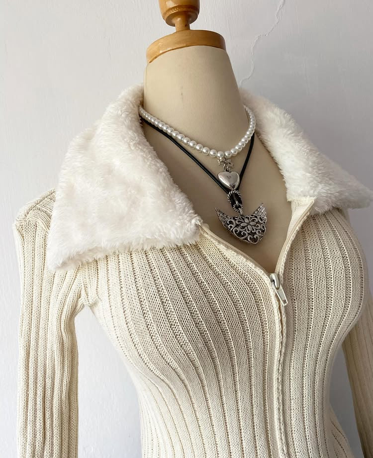 Beige plush cardigan sweater