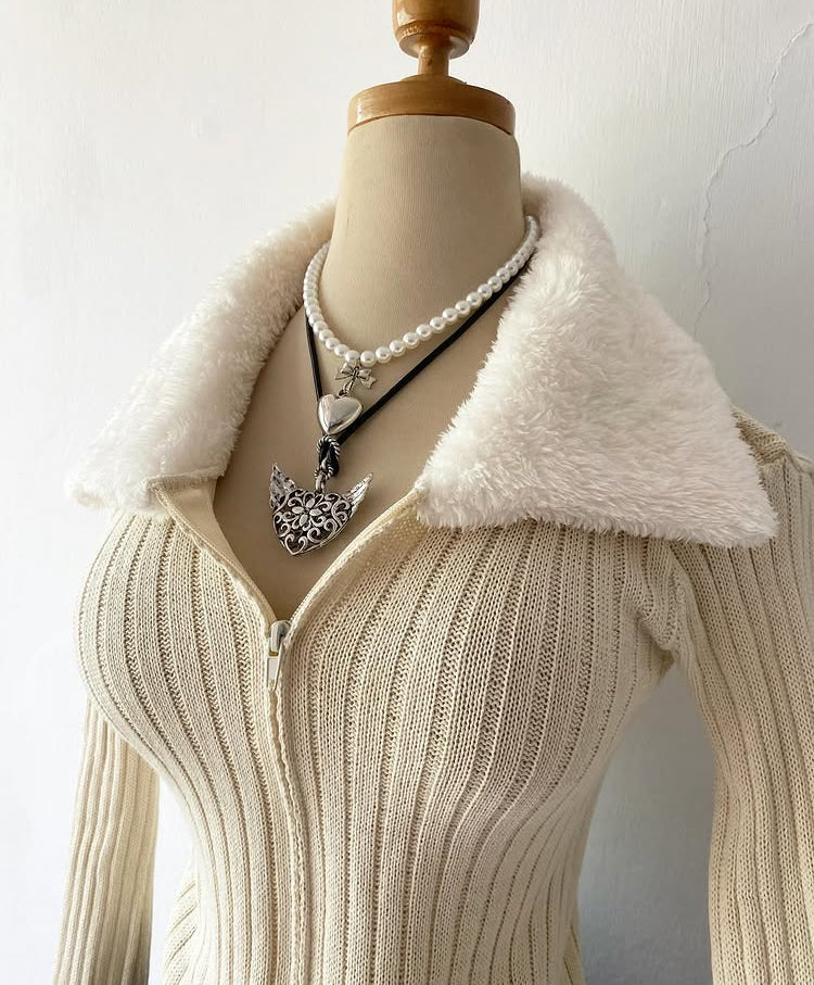 Beige plush cardigan sweater