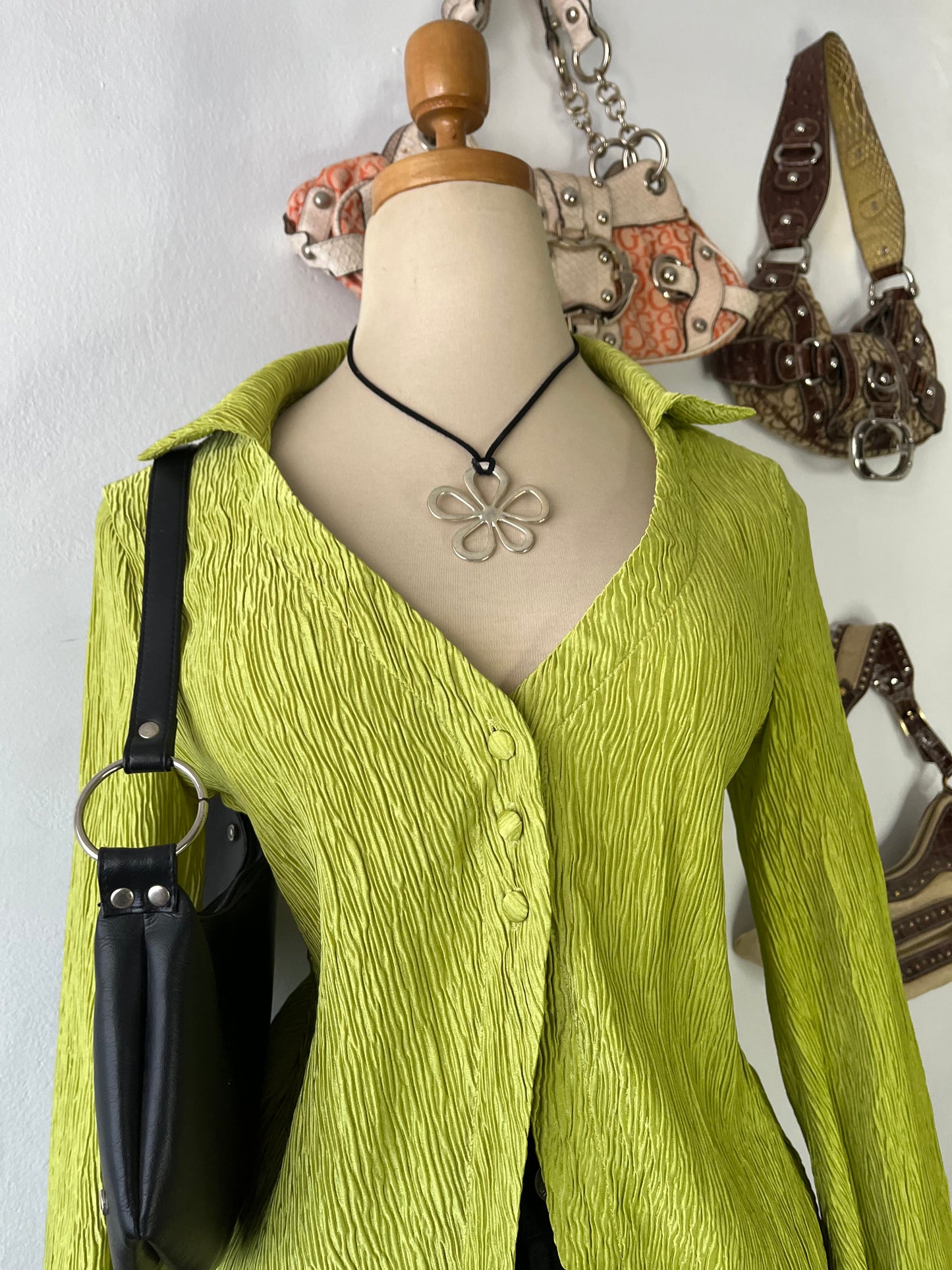 Lime green blouse with super flared sleeves