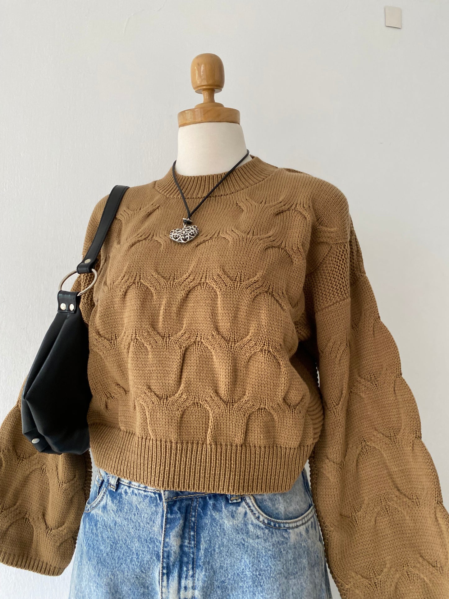Wide-sleeved braided design sweater