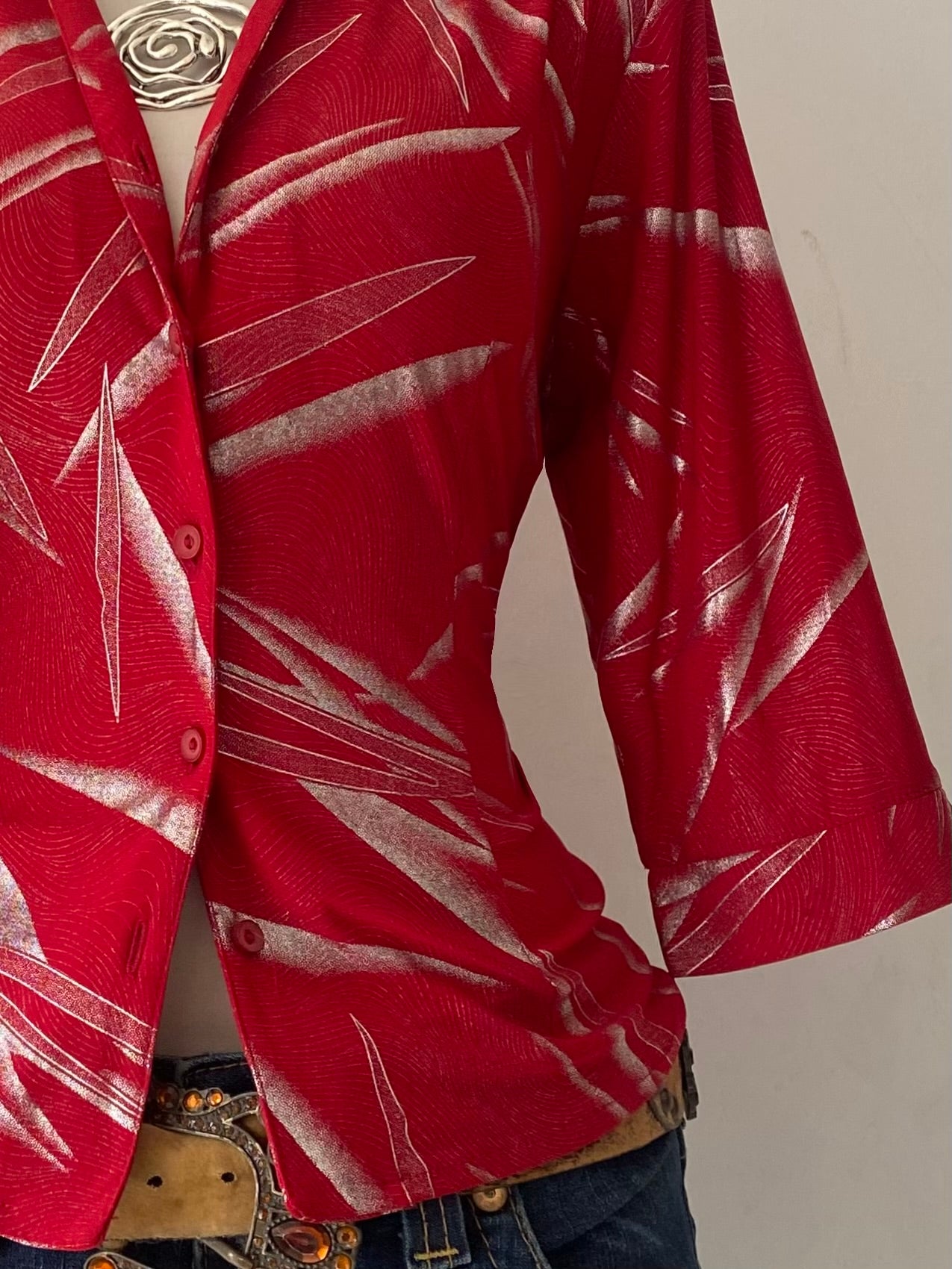 Red blouse with silver sparkles