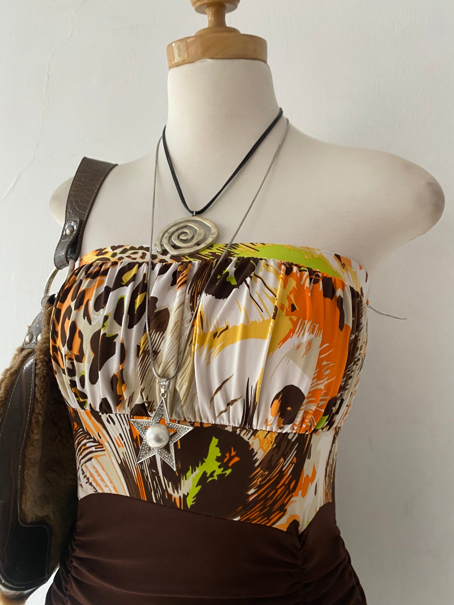 Brown poly dress with animal print