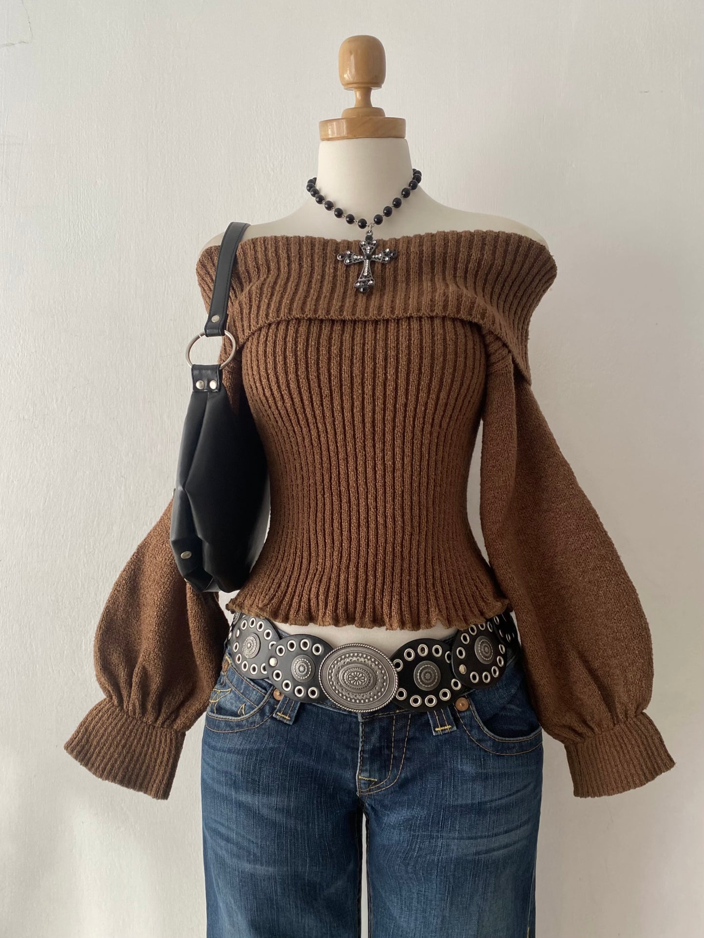 Brown off-shoulder sweater