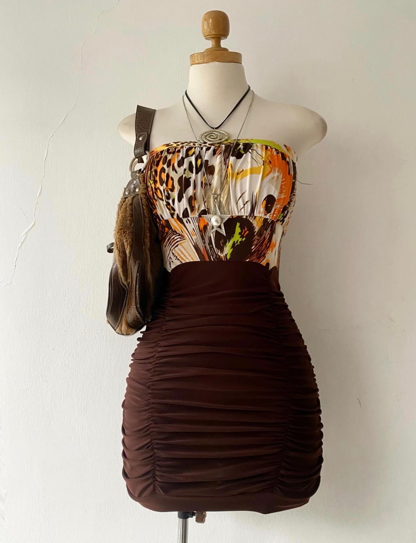 Brown poly dress with animal print