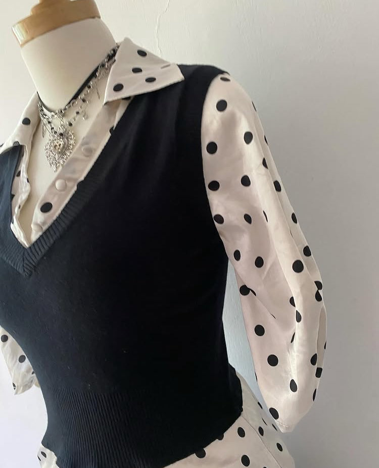 Polka dot top with knitted vest