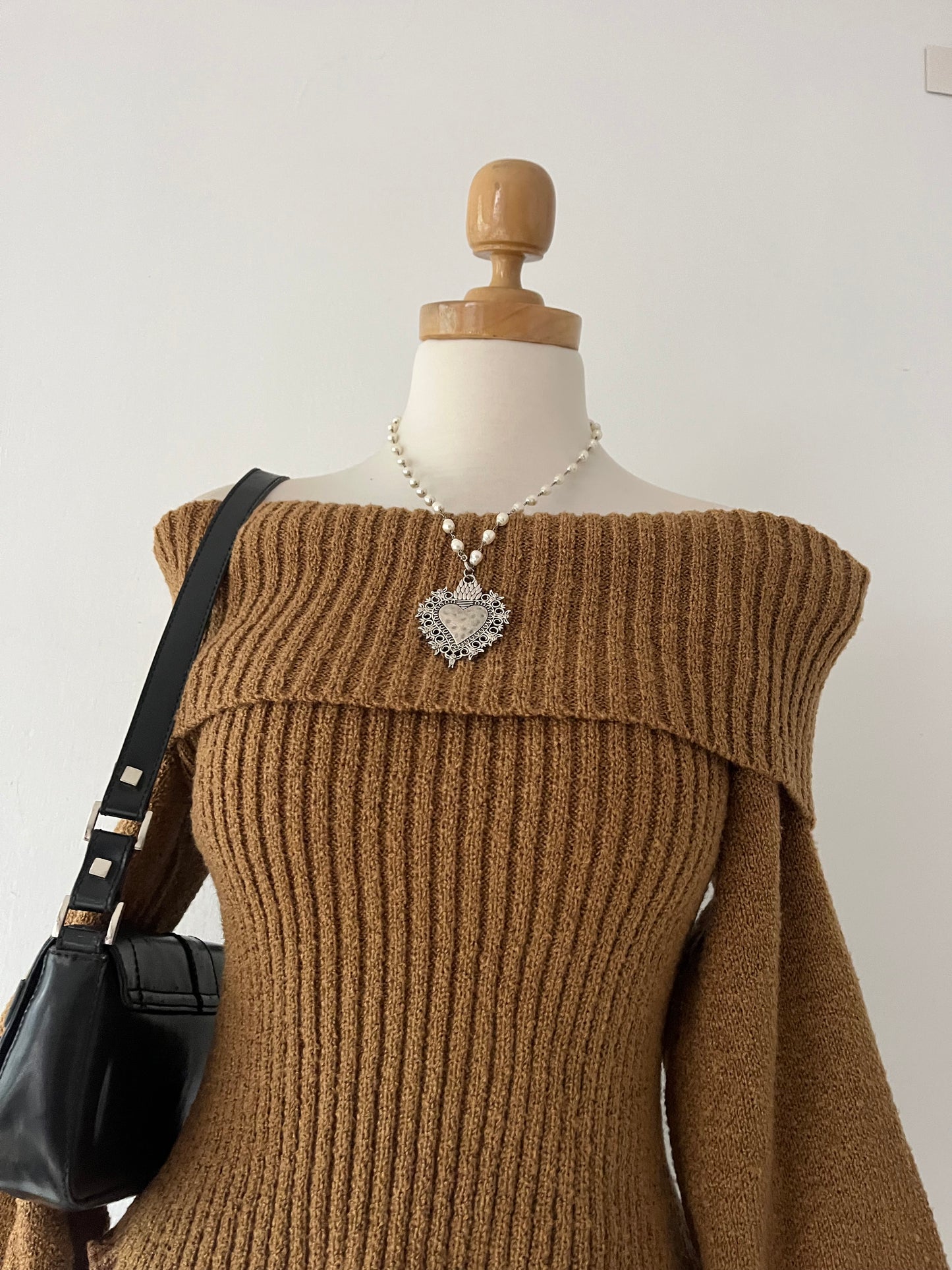 Camel off-shoulder sweater