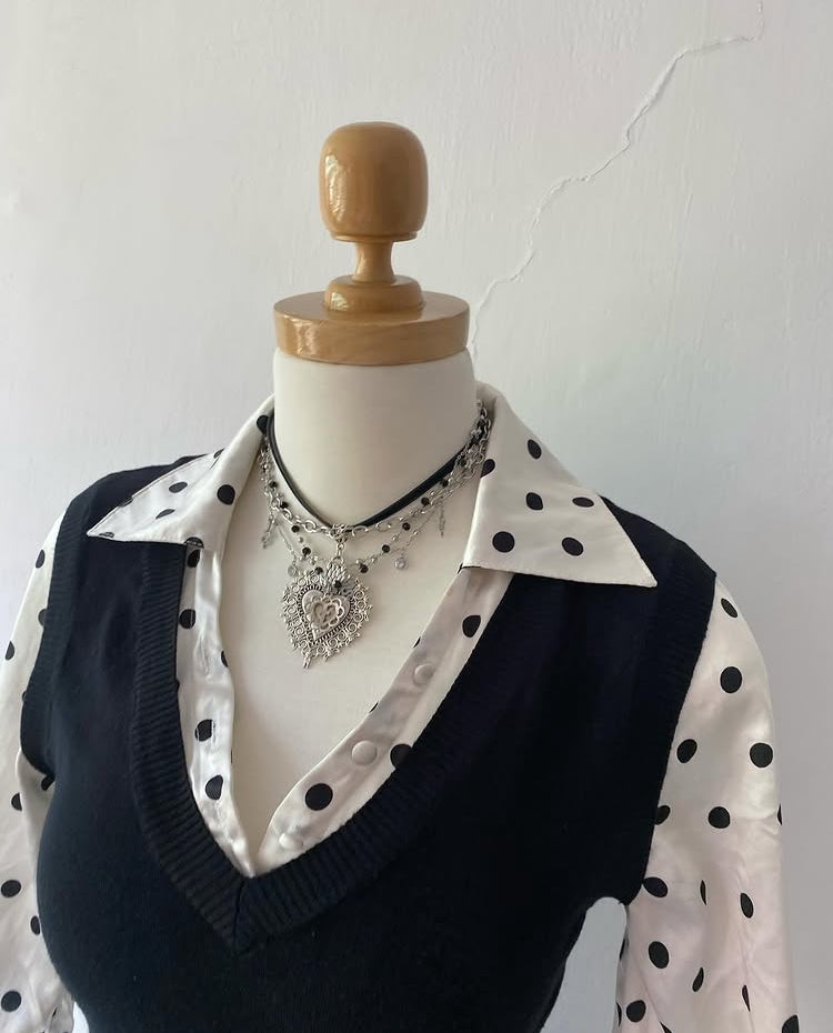 Polka dot top with knitted vest