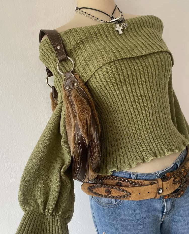 Off-shoulder sweater olive green