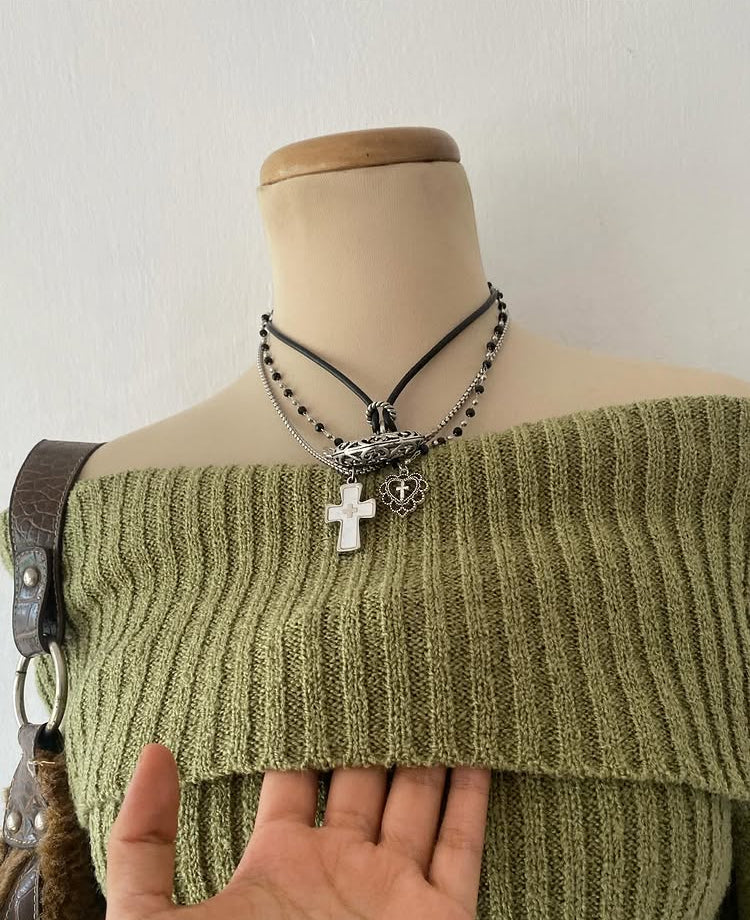 Off-shoulder sweater olive green