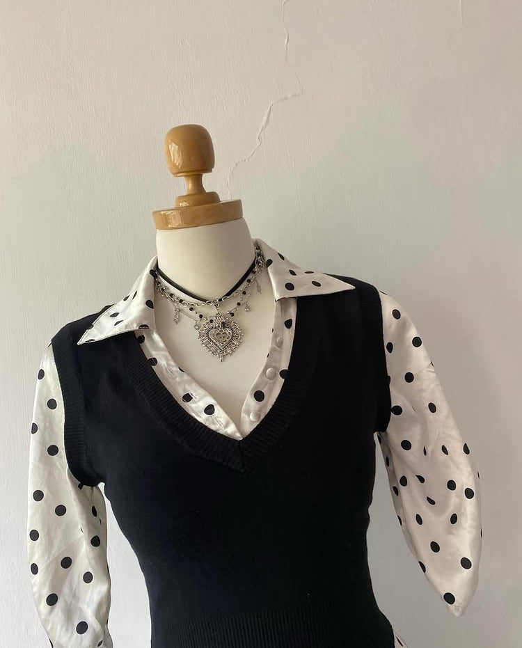 Polka dot top with knitted vest