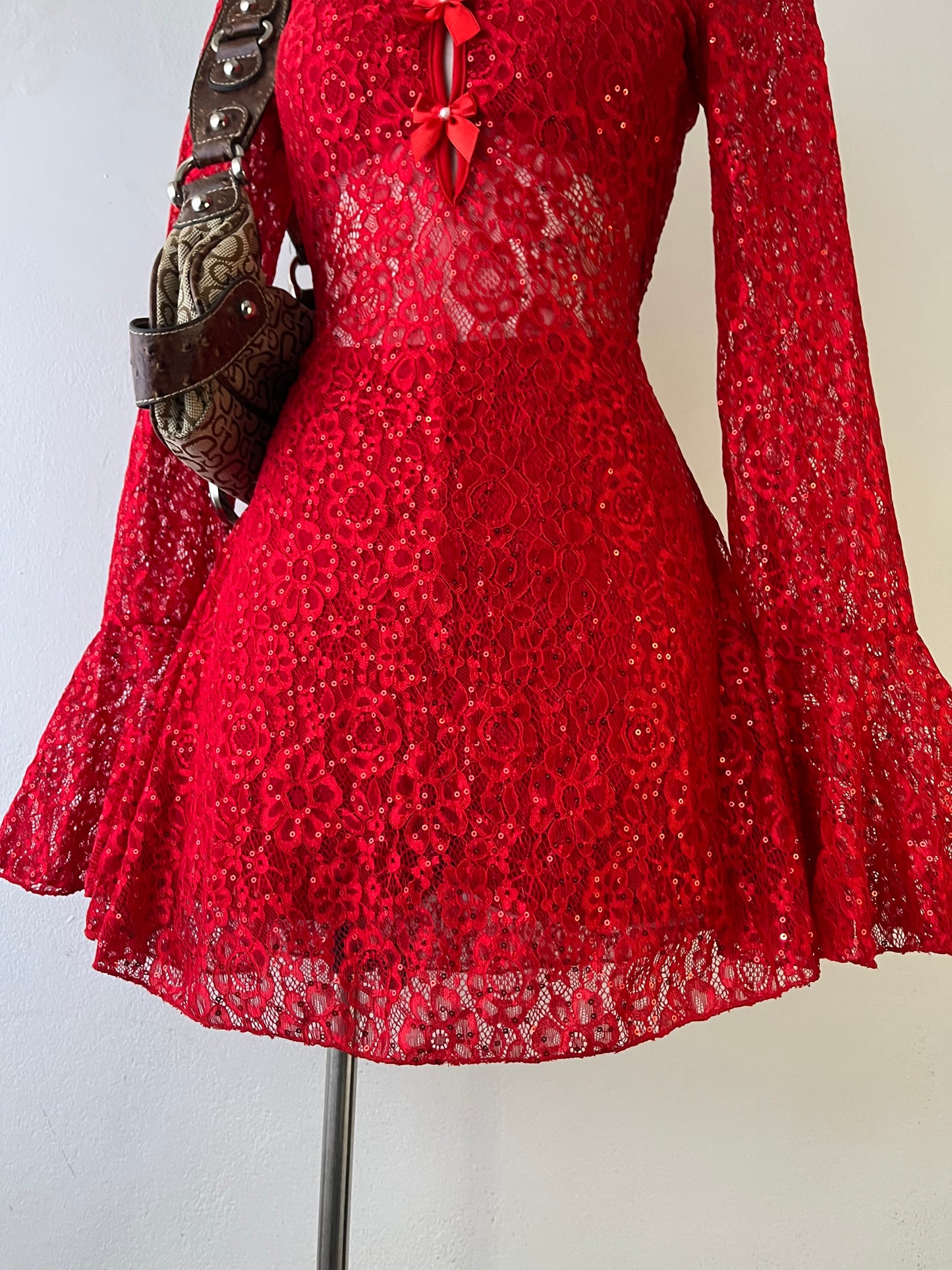 Red lace dress with flared sleeves