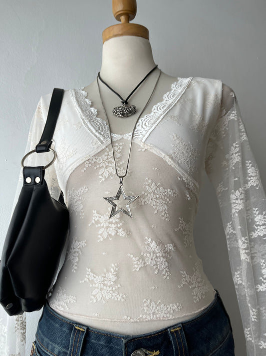 White lace top with flared sleeves
