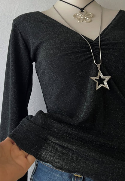 Bell-sleeved top with silver sparkles