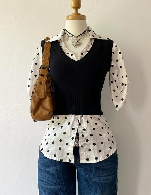 Polka dot top with knitted vest