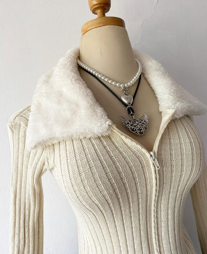 Beige plush cardigan sweater