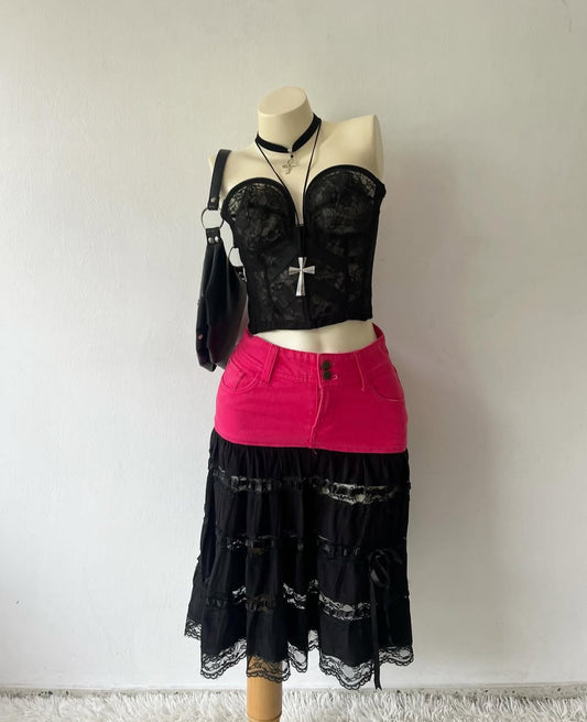 Black lace skirt with pink jeans