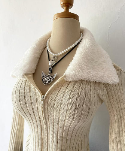 Beige plush cardigan sweater
