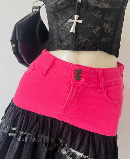Black lace skirt with pink jeans