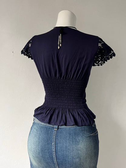 Coquette blue top with lace sleeves