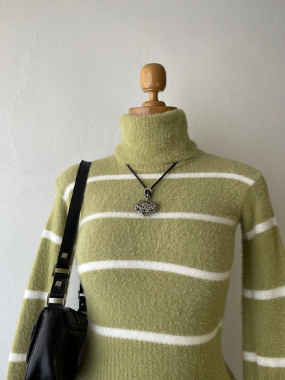 Olive green striped turtleneck sweater