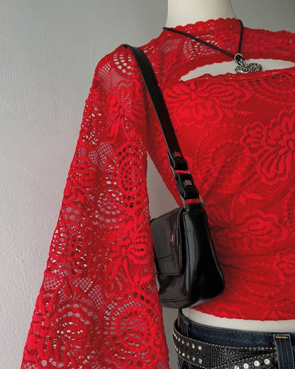 Flared sleeves red lace top