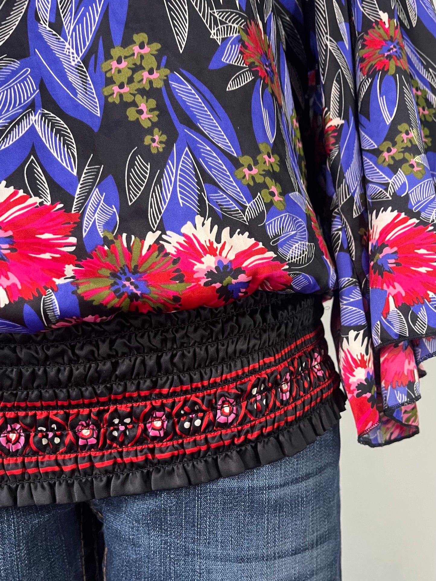 Boho chic floral blouse with one super wide sleeve