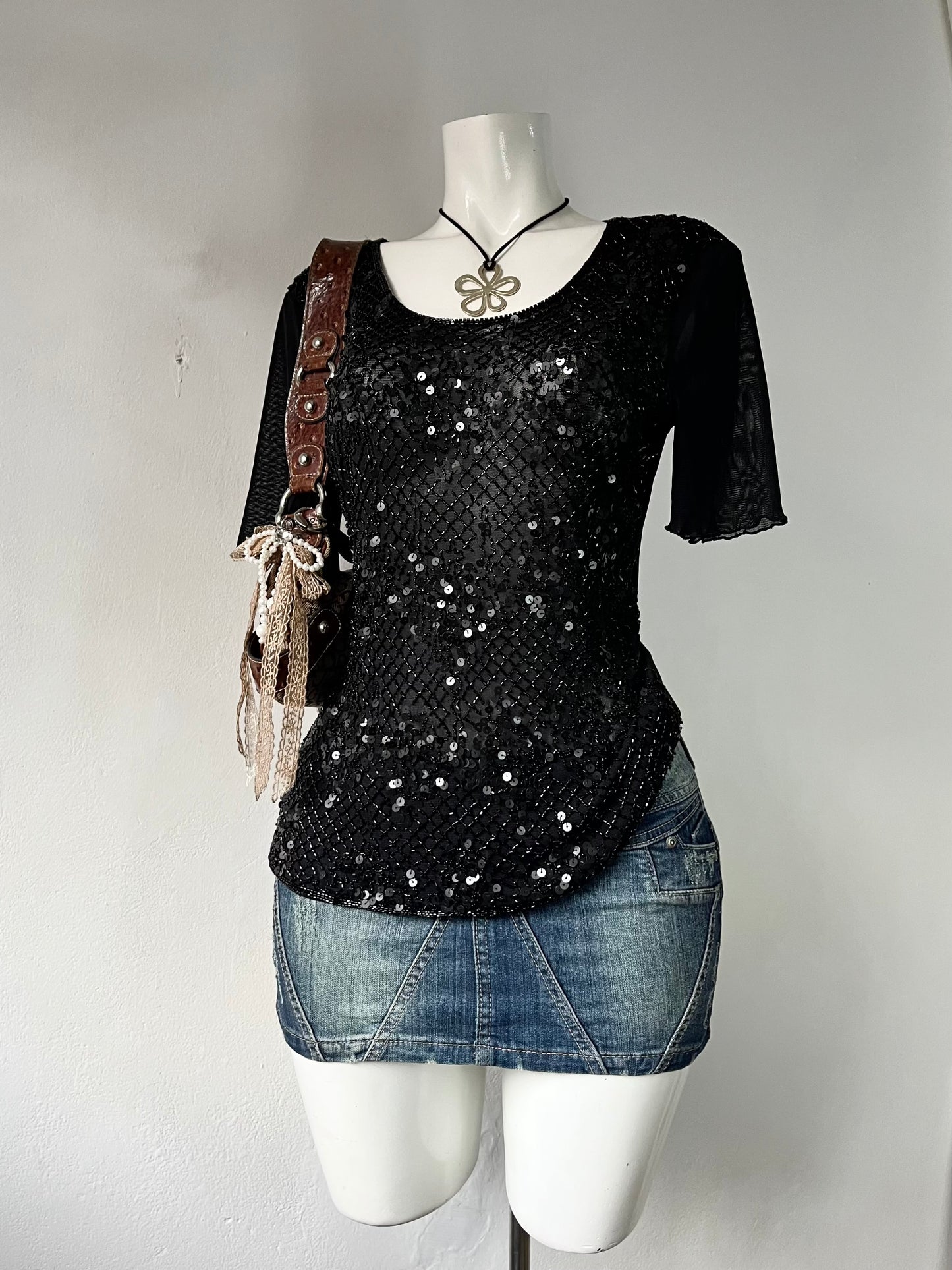 Noir mesh top with sequins and rhinestones