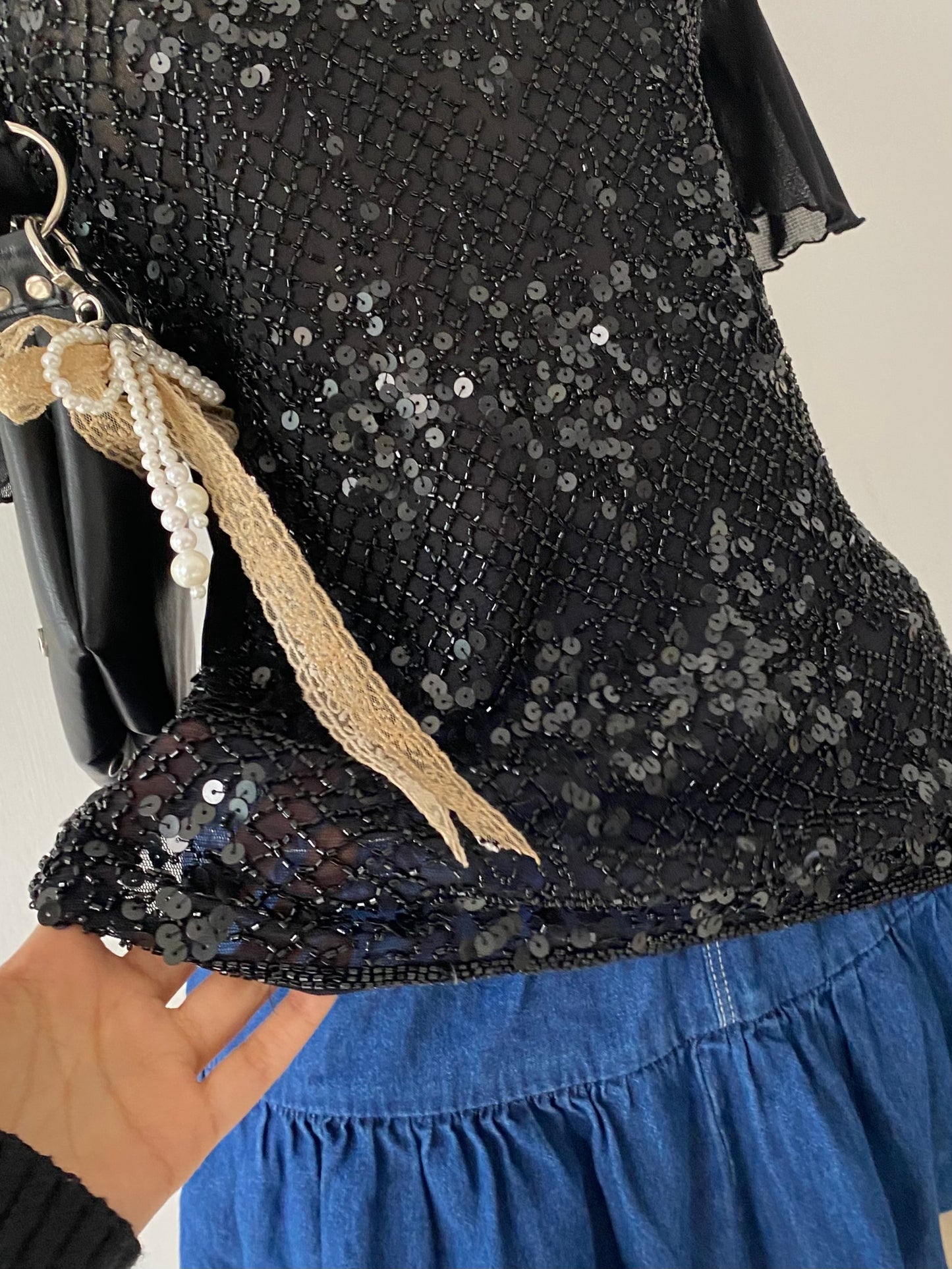 Black sequin-embroidered top