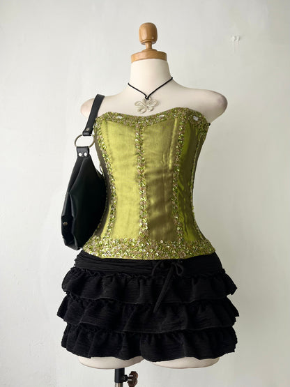 Iridescent corset with rhinestone embroidery