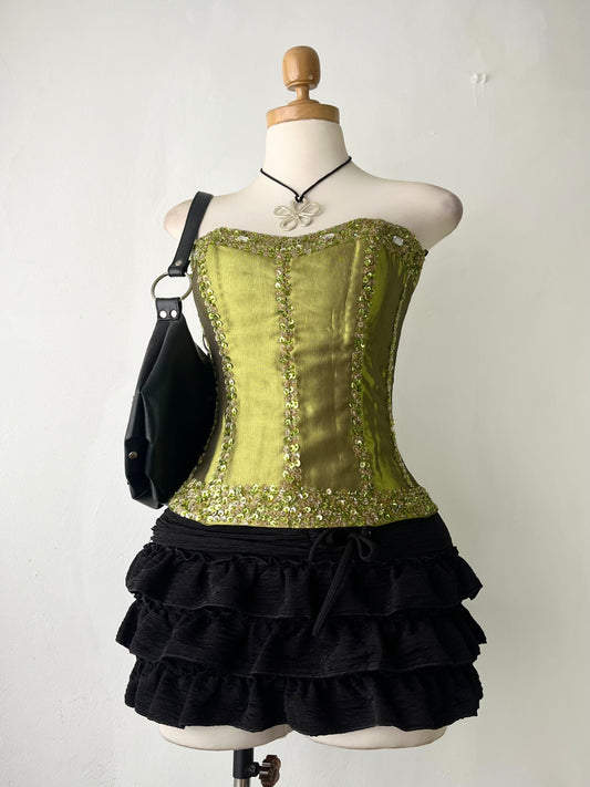 Iridescent corset with rhinestone embroidery