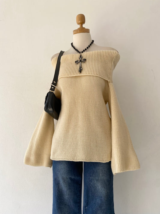 Off shoulder sweater with flared sleeves