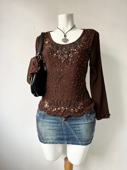 Brown sequin long sleeve top