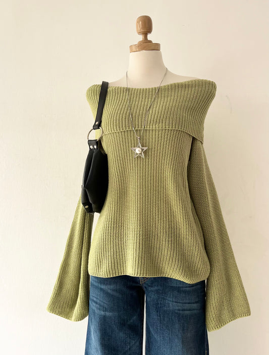 Oversized olive green sweater with flared sleeves