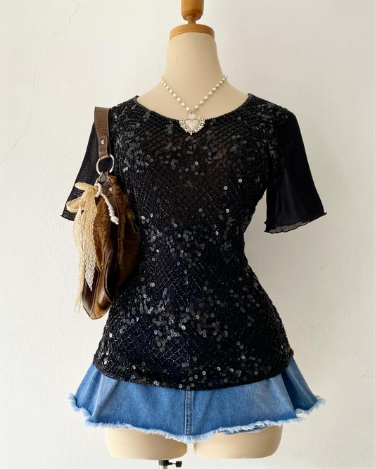Black sequin-embroidered top