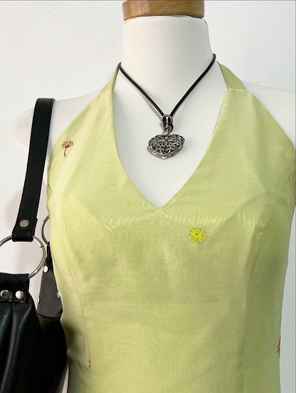 Olive green fairy dress with floral embroidery