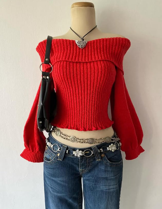 Red off-shoulder sweater