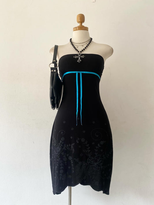 Strapless black dress with light blue bow