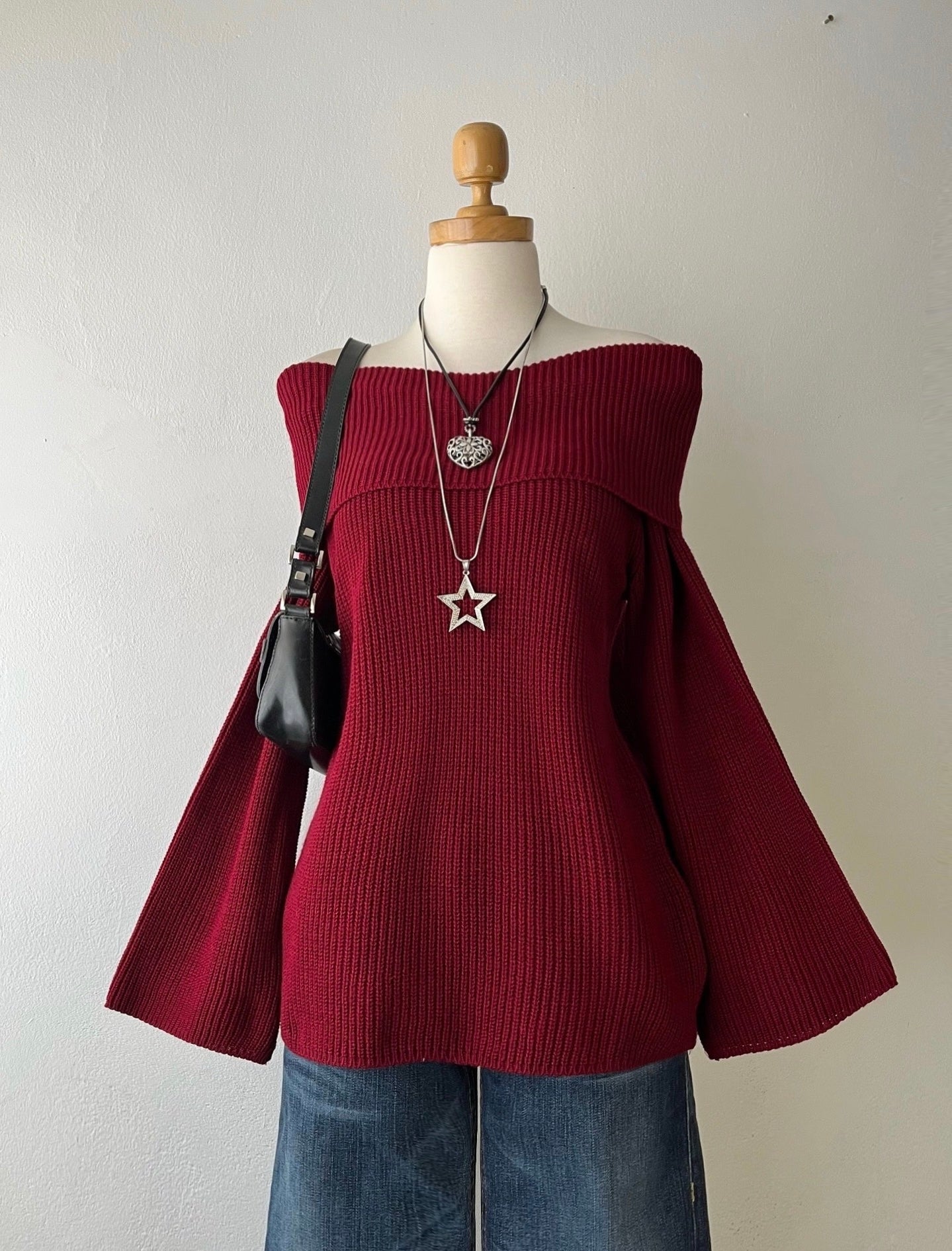 Off shoulder sweater with flared sleeves