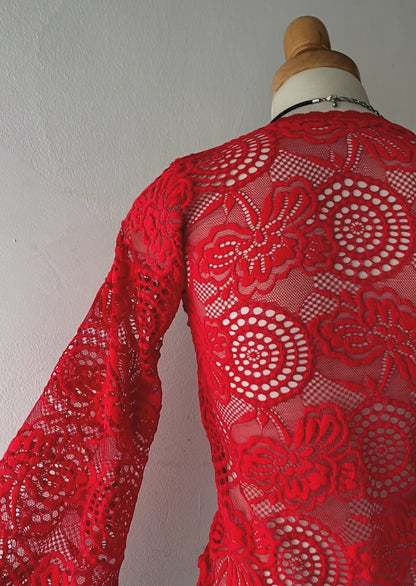 Flared sleeves red lace top