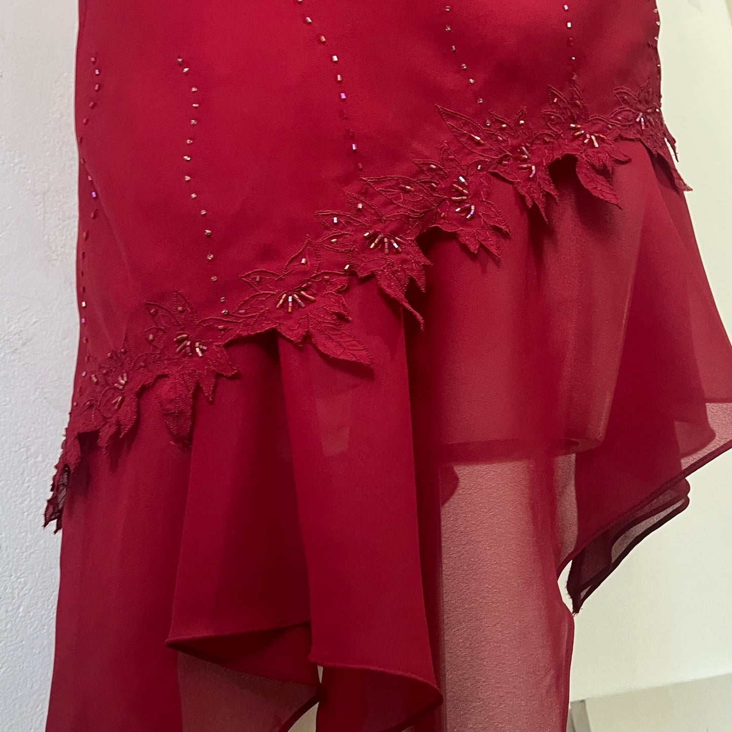 Burgundy assymetrical dress with floral embrodery