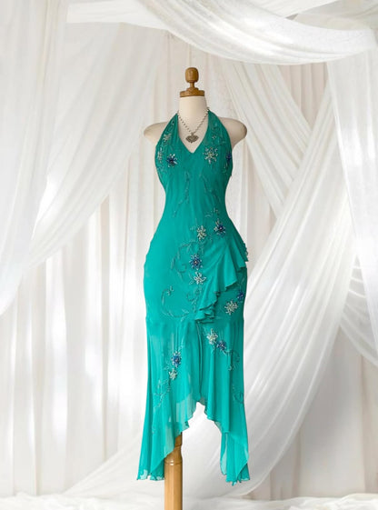 Turquoise silk dress with sequins