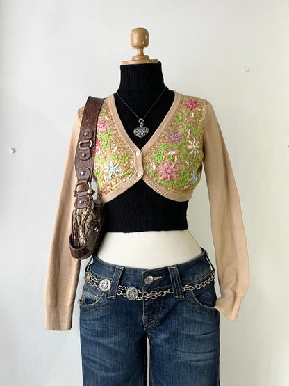 Beige knitted cardigan with hand embroidery