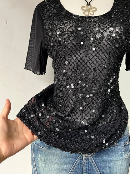 Noir mesh top with sequins and rhinestones