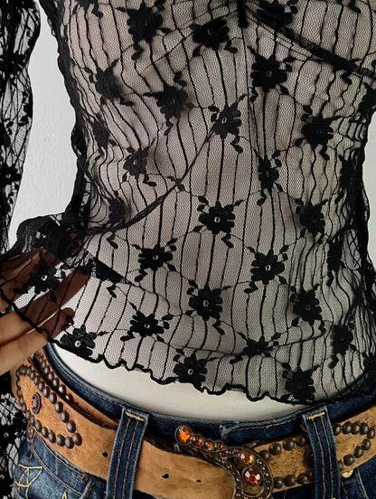 Bell-sleeved mesh top