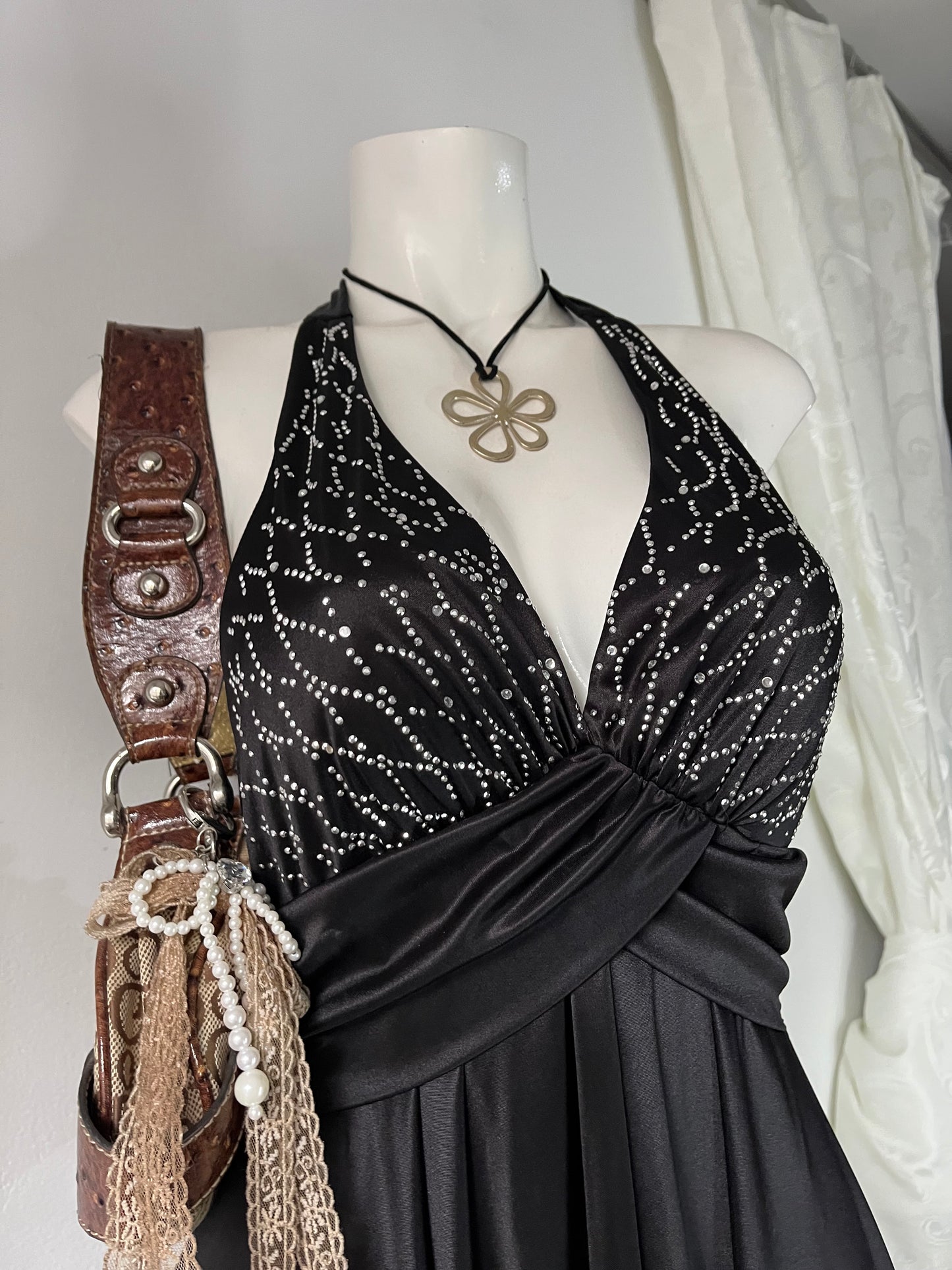 Noir halter dress with adjustable back bow