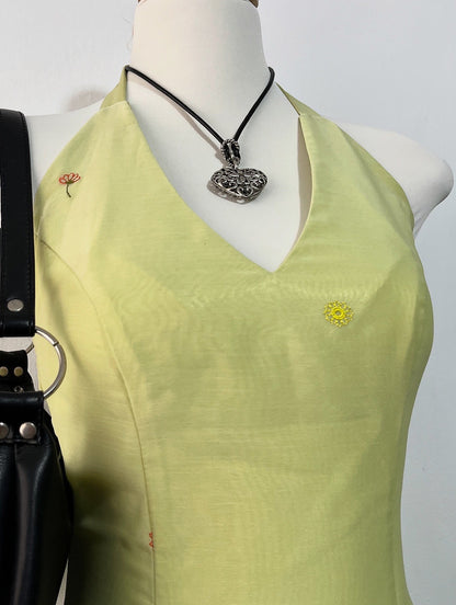 Olive green fairy dress with floral embroidery