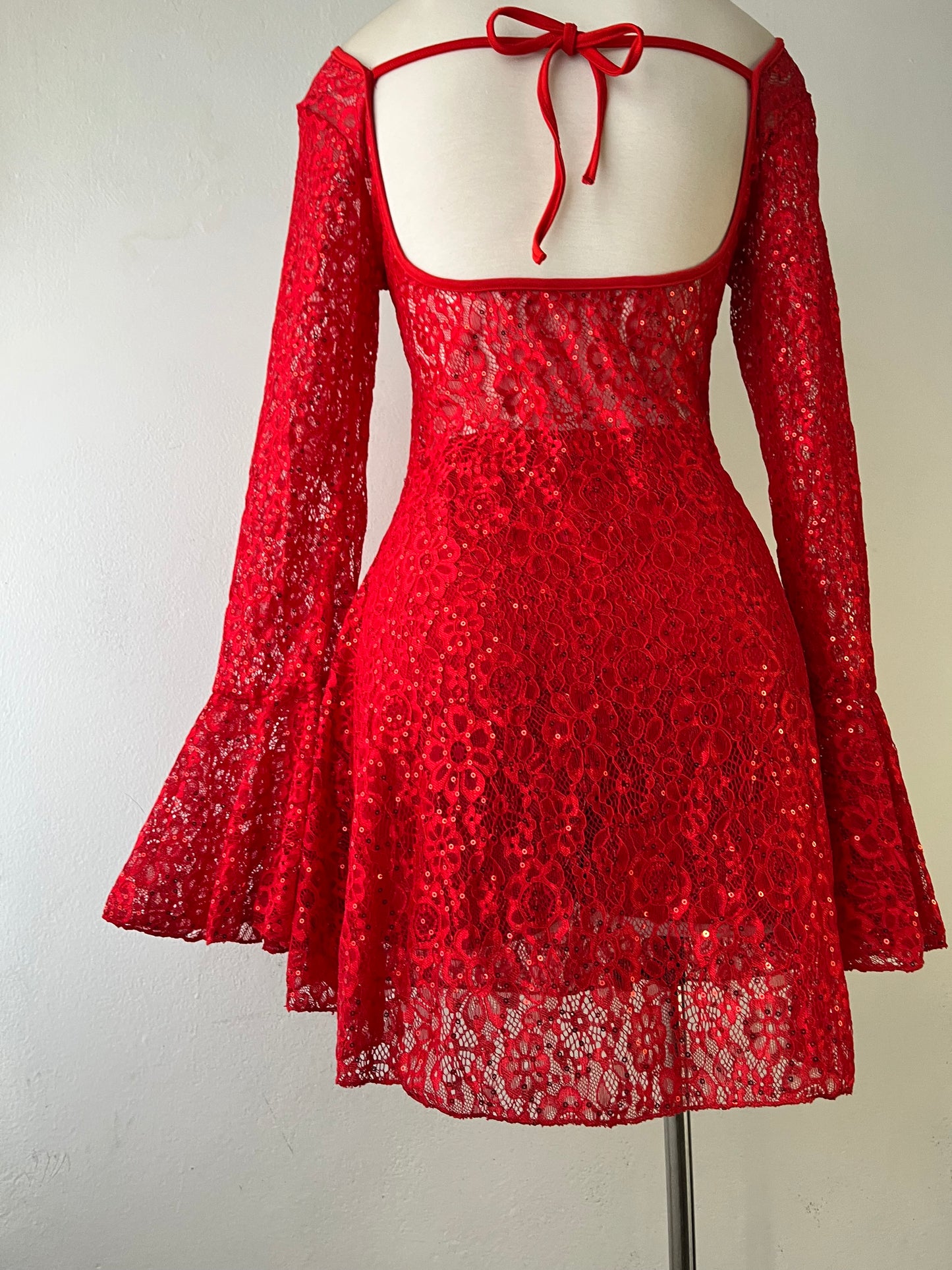 Red lace dress with flared sleeves