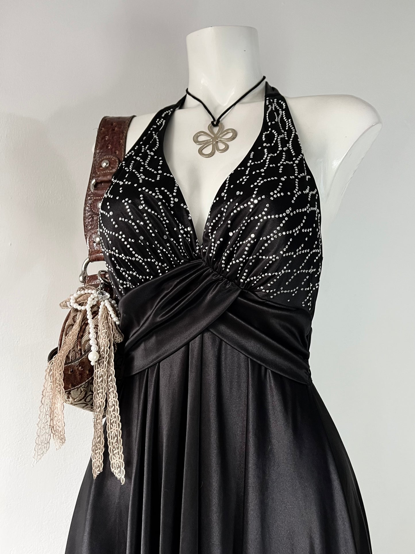 Noir halter dress with adjustable back bow