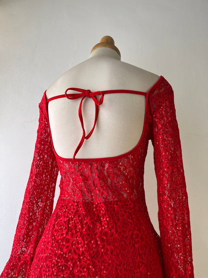 Red lace dress with flared sleeves
