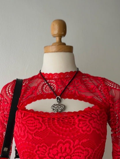 Flared sleeves red lace top